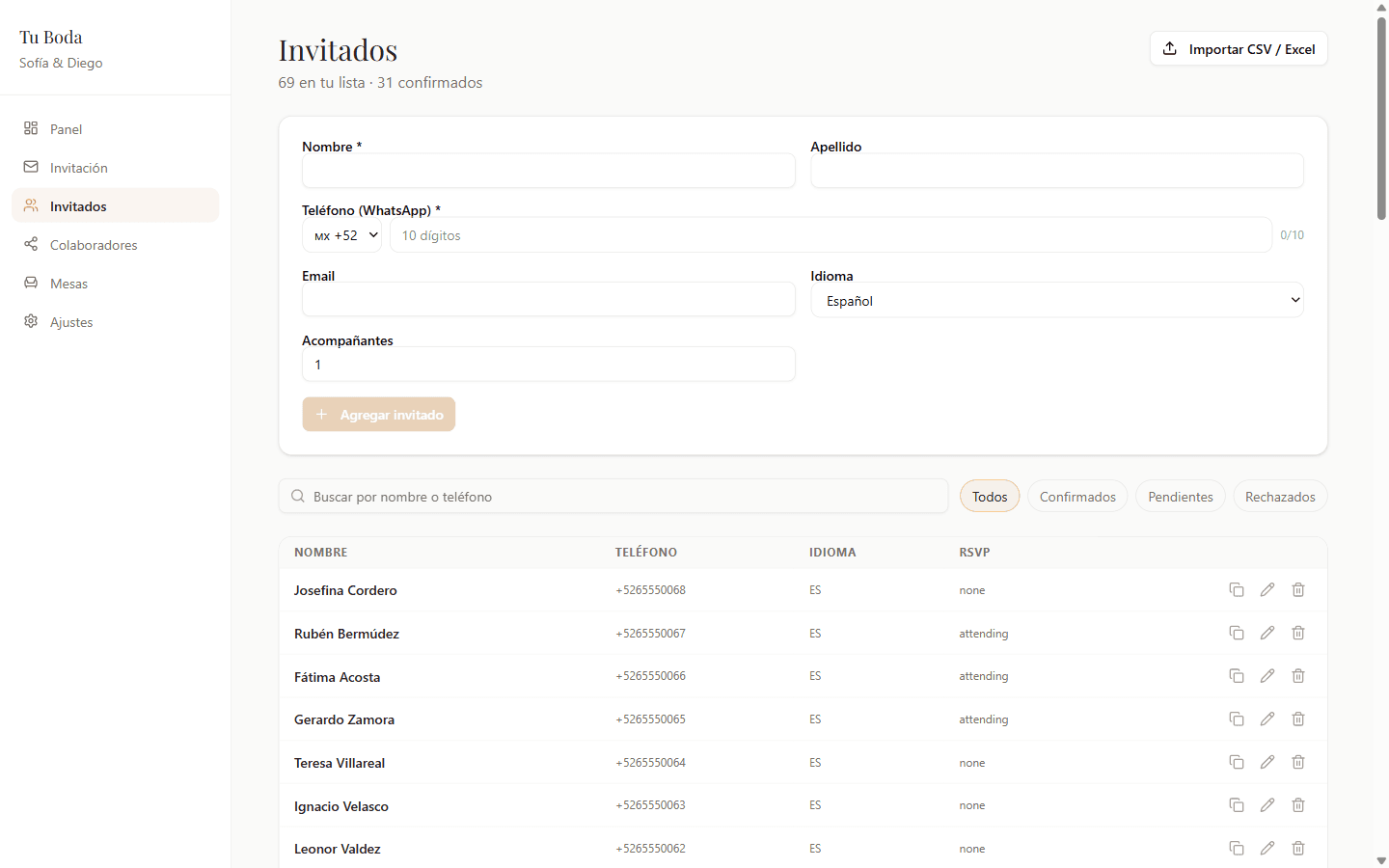 Lista de invitados + importación CSV